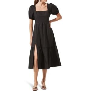 ASTR Poplin Black Tiered Side Slit Midi Dress - Medium